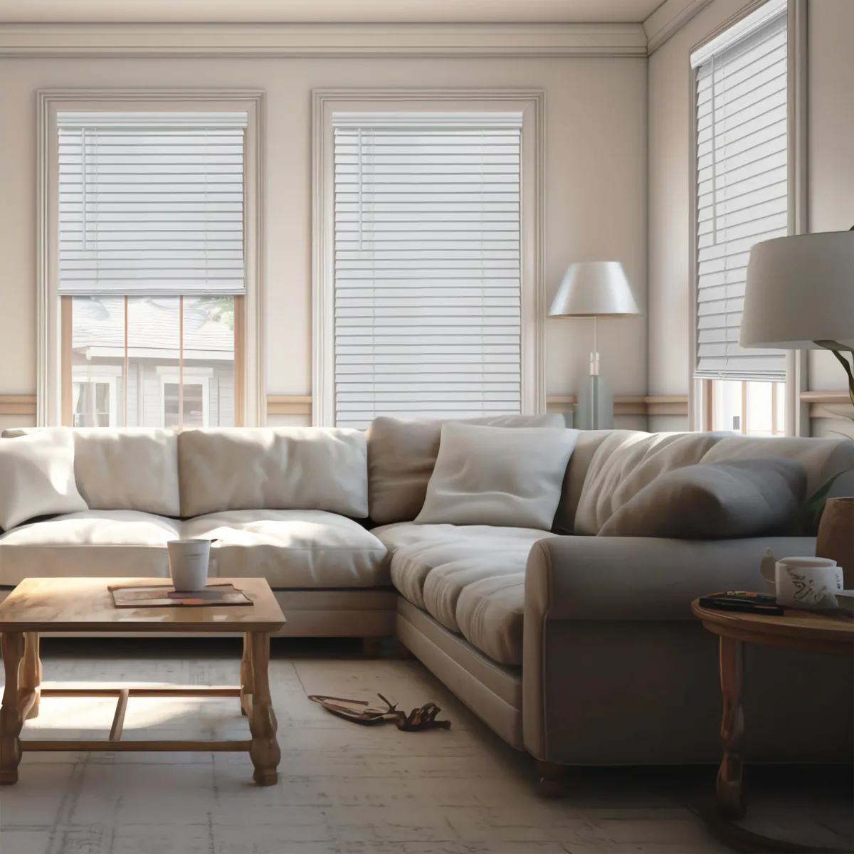White faux wood horizontal blinds on three living room windows, one half drawn, above a cream sectional sofa