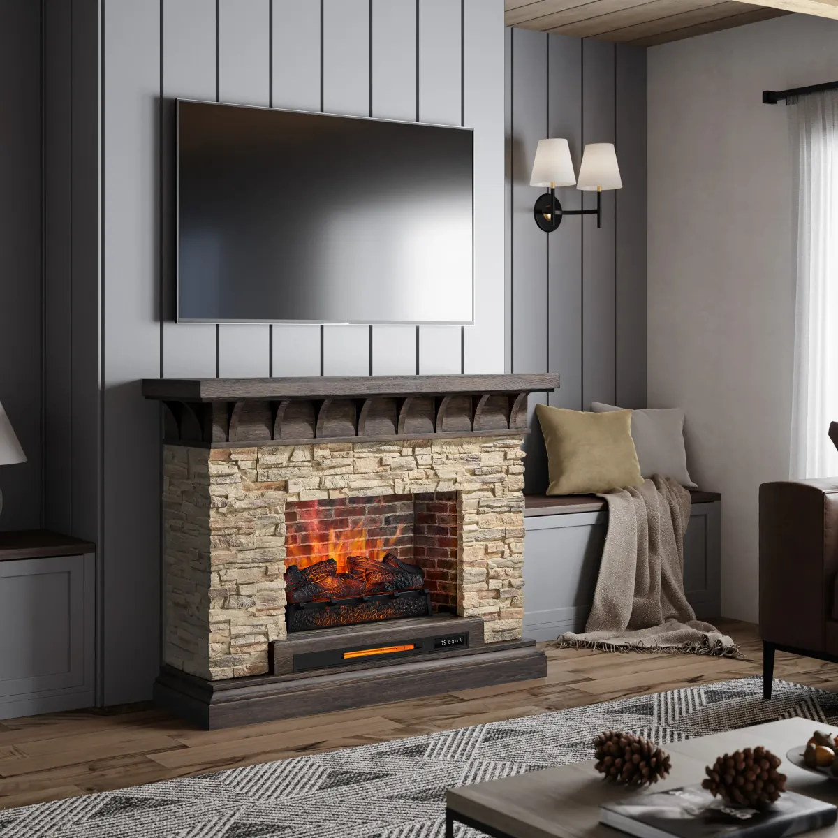 Stacked stone electric fireplace with a rustic wood mantel, lit log insert and a wall-mounted TV above it