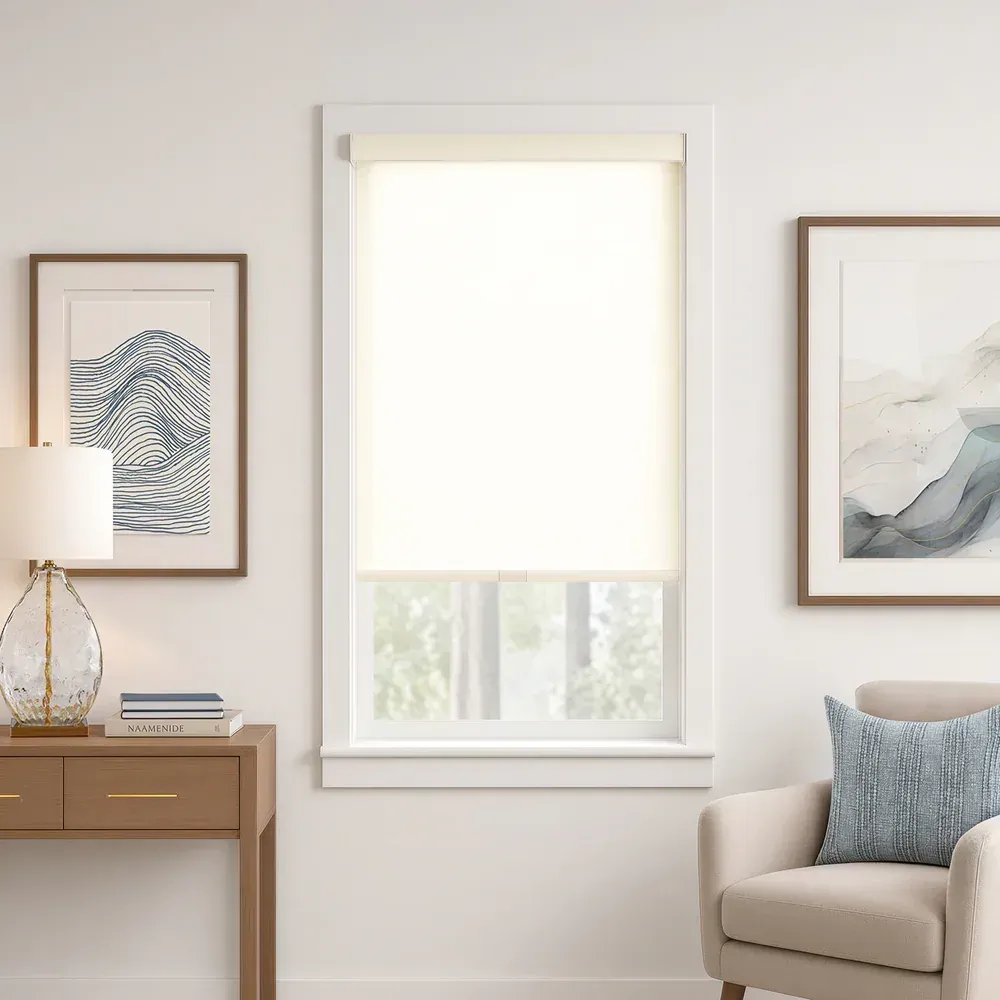 White roller shade lowered over a living room window in daylight, framed by a console table and an armchair